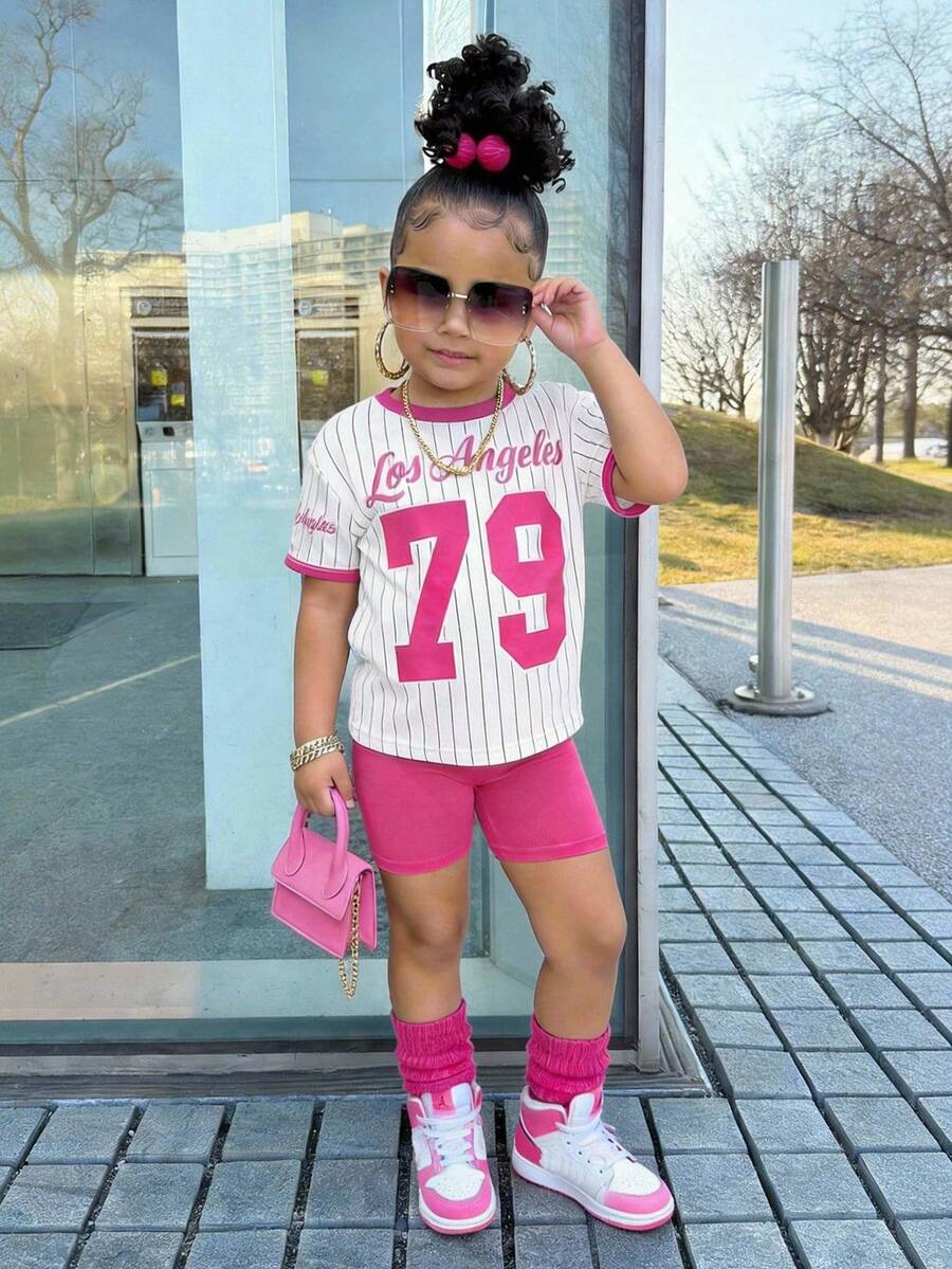 年轻女孩休闲街头风粉白79图案宽松T恤和打底裤套装 - 粉色 - 查看 1