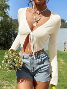 SHEIN EZwear Áo khoác cardigan ngắn cổ chữ V màu trơn thắt nơ phía trước dành cho nữ, kiểu dáng thường ngày. - Màu be - Xem 6