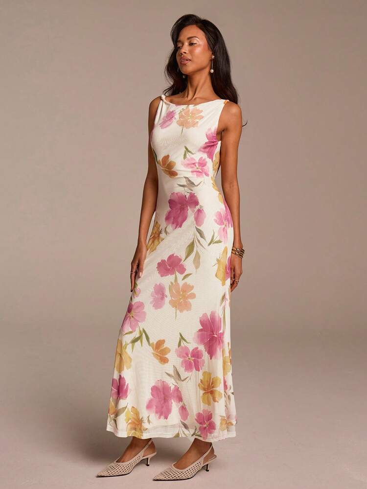 COSMINA Robe longue femme à imprimé floral, col drapé, dos nu, avec bretelles torsadées. Robe élégante et décontractée pour les vacances, les fêtes, les mariages en tant qu'invitée ou demoiselle d'honneur. Printemps/Été - Multicolore - Voir 5