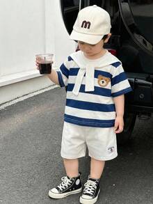 SHEIN 3pcs/Set Baby Boy Casual Cute Blue Striped Bear Print T-Shirt, White Shawl, White Shorts 3-Piece Outfit - Multicolor - View 3