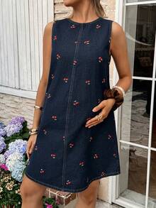 SHEIN Maternity Cherry Pattern Round Neck Sleeveless Casual Loose Denim Dress Spring To Summer Carnival Costume Commuting Vacation Graduation Chic Y2k Cute Streetwear Party Wedding Elegant Business Casual Woman Delightful Dark Wash Denim Dress With Cherry Embroidery Sleeveless Round Neck Casual Mini A-Line Style Blue - Blue - View 4