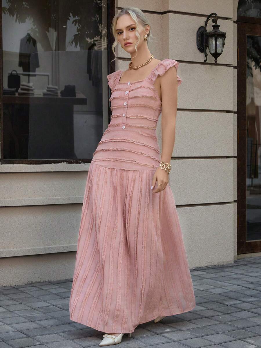 Opuloom 春季新款甜美纹理方领前扣装饰高腰飘逸连衣裙，适合约会、聚会、通勤等场合。 - 粉色 - 查看 1