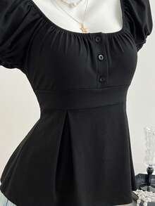 Elamini Women's Casual Versatile Square Neck Ruched Black Short Sleeve T-Shirt, Spring/Summer - Black - View 5