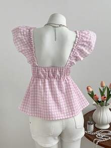 Elamini Áo kiểu nữ tay ngắn, cổ chữ V, eo nhún, họa tiết kẻ caro xanh trắng, thích hợp mặc mùa hè. - Nhiều màu - Xem 2