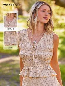WESTFADE Pola Dot V Neck Bow Tie Front Shirred Tiered Ruffle Tank Top Winter, Casual, Cute, Spring, Resort, Nashville, Cowgirl, Boho, Western Wear For Women - Apricot - View 2
