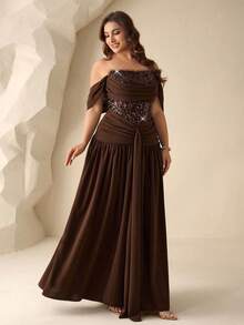 Coutiva 大码露肩褶裥鱼尾正式晚礼服，优雅精致 - 棕色 - 查看 5