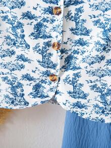 女童纹理面料短袖纽扣后背T恤和休闲长裤两件套 - 藍色 - 查看 6