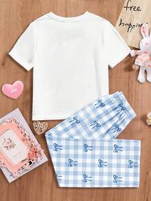Conjunto de blusa feminina casual minimalista de manga curta com gola redonda e calça folgada, estampa xadrez azul com laços, ideal para o verão. - Multicolorido - Ver 2