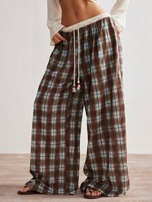 Bohemela Women's Casual Loose Fit Plaid Wide Leg Pants - Blue - View 3