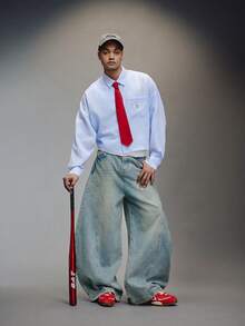 PAVTROS Men's Casual Long Sleeve Striped Print Shirt With Tie - Blue and White - View 2