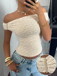 Valentine Women's Textured Off Shoulder Fitted Fashion T-Shirt Women Tops Elegant - Apricot - View 1