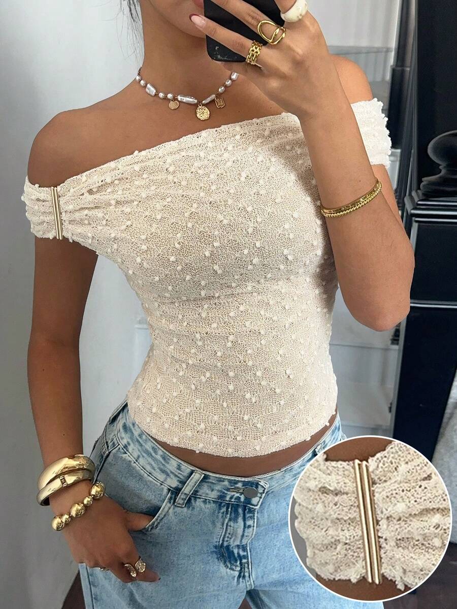 Valentine Women's Textured Off Shoulder Fitted Fashion T-Shirt Women Tops Elegant - Apricot - View 1