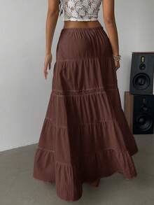 Siren Gaze 2025 波西米亚风沙滩裙 - 高开衩亚麻混纺多层长裙，松紧腰带，蕾丝边饰，音乐节必备及度假穿搭 | 夏季A字裙套装，女士夏季穿搭，女士度假穿搭，女士沙滩装，棉质半身裙，波西米亚风半身裙，多层长裙，长裙，波西米亚风长裙，夏季长裙，女士半身裙，女士度假套装，棉质女装，波西米亚风套装，女士夏季穿搭，女士两件套休闲装 - 棕色 - 查看 4