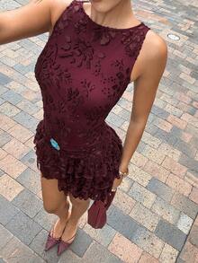 Siren Gaze 新款优雅酒红色圆领无袖复古连衣裙，女士款 - 酒紅色 - 查看 7