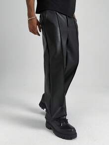 PAVTROS 男士黑色 PU 皮革长裤，宽松，印花，适合朋友聚会、另类风格、街头服饰、男士运动、慢跑、休闲直筒时尚长裤、黑色阔腿裤、黑色宽松裤、男士皮裤、正装裤、情人节、春夏、送给男友的礼物、狂欢节、复古风、街头服饰、派对、圣帕特里克节、外出等场合 - 黑色 - 查看 3