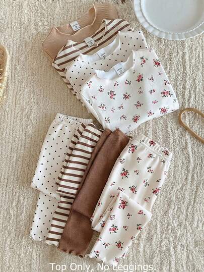 Conjunto de 4 piezas de ropa interior de manga larga con cuello de punto acanalado y volantes en el bajo, con estampados de lunares, flores y acanalado sobre base color albaricoque, combinado con sólido caqui, para niñas, apto para usar por fuera o por dentro en otoño e invierno