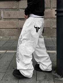 STEELVANCE Streetwear Casual Loose Fit Letter & Bull Head Print Rivet Design Straight Leg Jeans - White - View 5