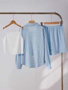 SHEIN This Set Consists Of Three Items: A Long-Sleeved Knitted Patterned Shirt With A Turn-Down Collar And Button-Up Front, A White, Fitted Short-Strap Vest, And Knitted Patterned Shorts With Elastic Waists. This Three Pieces Set Is Ideal For Girls To Wear In Their Daily Casual Life Or During Vacations In The Summer. - Blue - View 2