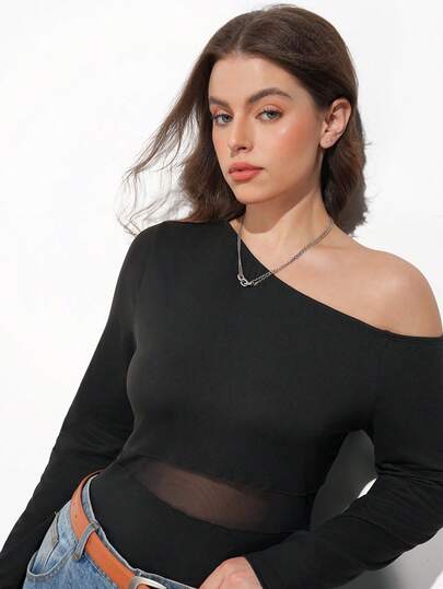 Maija Plus Size 2026 Summer Bestseller Black Asymmetric Shoulder Women's Top With Waist Splice Mesh, Retro Style, Romantic, Fashionable, Versatile; Comfortable, Stylish, Elegant, Casual, Simple Daily Essential, Solid Color, Holiday Leisure, Appropriate, Single Lady, Elegant Fashion Business Casual Outerwear Top, Business Casual Women Silhouette  St Patrick's Day Women Easter Summer Outfits Easter Dress Women Party Top Beach Dress Summer Holiday Outfits Each Vacation Outfits For Women  Summer Outfit For Women Going Out Outfits Graduation Graduation Outfit  Casual Dresses  Casual Blouses For Women