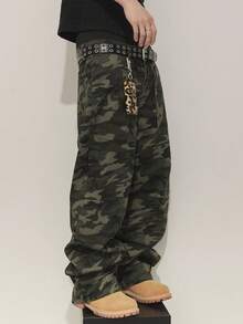 Manfinity Roghcode 男士时尚街头迷彩斜插口袋宽松阔腿牛仔裤 - 軍綠色 - 查看 3