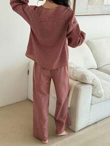 DAZY 2pcs Women Plaid Lace Patchwork Loose Cardigan Long Sleeve Lantern Sleeve & Straight Leg Loose Long Pants Pajama Set, Spring - Red - View 2