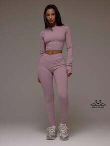 Musera Sport Cut Out Twist Back Long Sleeve Active Crop Top And Dipped Crossover Waistband Leggings Active Workout Gym Pilates Fitness Daily Casual Smoky Quartz - Dusty Purple - View 1