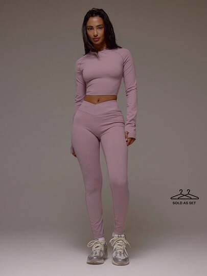 Musera Sport 露背扭结长袖运动短款上衣和交叉腰带紧身裤，适合运动健身、健身房、普拉提、日常休闲穿着，烟晶色