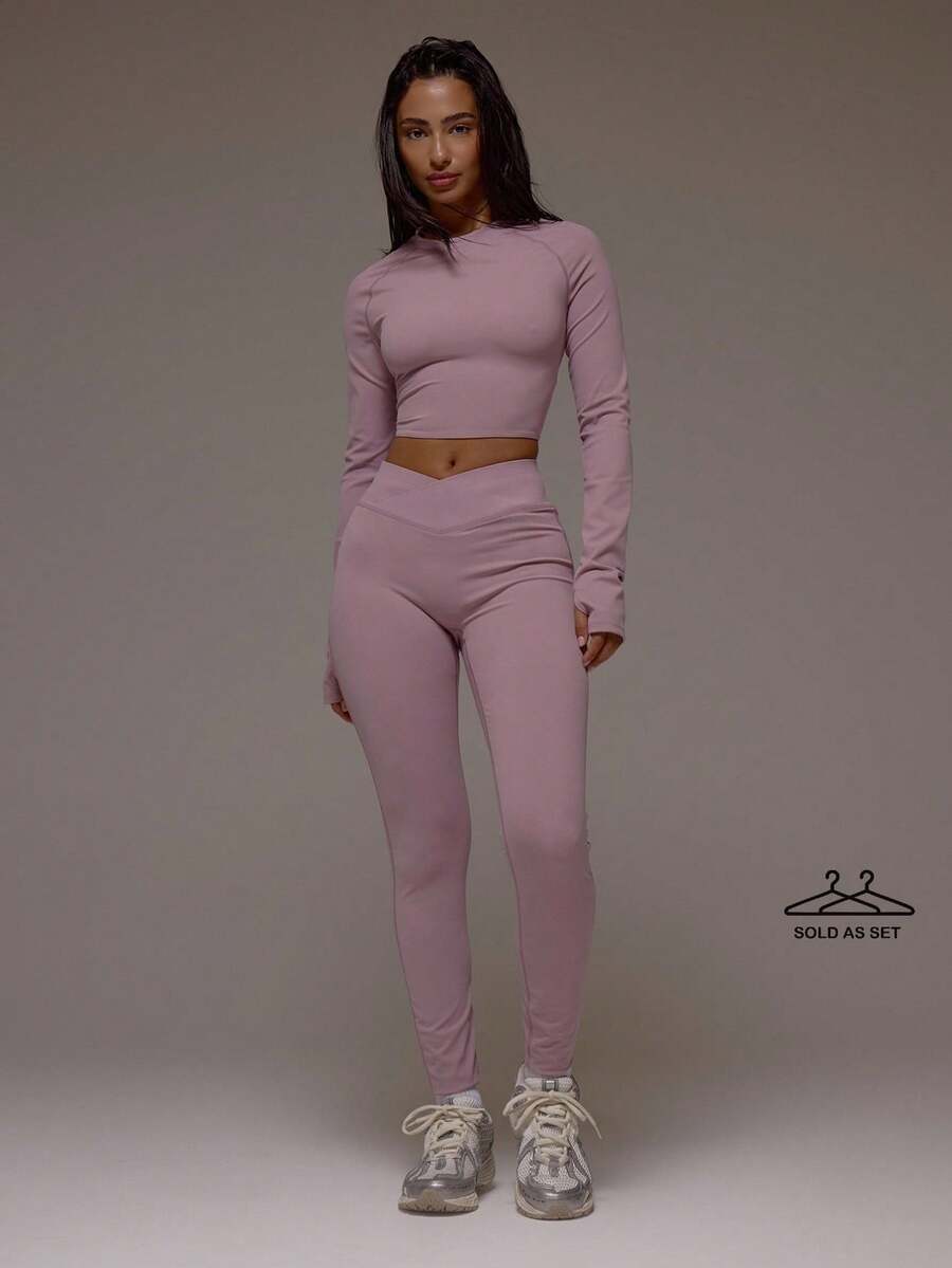 Musera Sport Cut Out Twist Back Long Sleeve Active Crop Top And Dipped Crossover Waistband Leggings Active Workout Gym Pilates Fitness Daily Casual Smoky Quartz - Dusty Purple - View 1