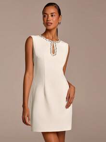 COSMINA Women's Elegant Sleeveless Crystal Teardrop Collar Mini Dress, Versatile For Commute, Office, Dates, Parties, Spring - White - View 4