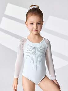 بذلة رياضية للبنات الصغيرات مزينة بالراين الأبيض، ملابس رياضية أساسية ذات لون أحادي مناسبة للجمباز وأنشطة أخرى، للربيع/الصيف - الأزرق - مشاهدة 4