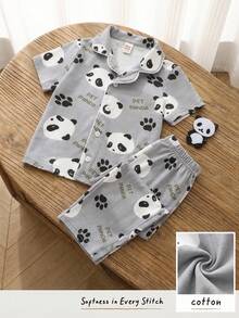 Cozy Pixies 2pcs/Set Baby Boy Cartoon Bear Pattern Lapel Shirt And Elastic Waist Shorts Set - Grey - View 1