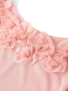 Ellevyn Blusa de punto elástica ajustada con hombros descubiertos y flores 3D rosas a rayas, con falda evasé. Falda elegante de jacquard para uso diario, vacaciones, primavera/verano - Multicolor - Ver 15