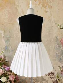 SHEIN 女童无袖蝴蝶结开衫上衣和百褶裙优雅夏季套装 - 黑與白 - 查看 2