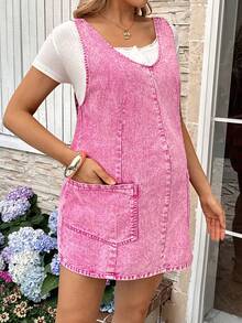 SHEIN Maternity V-Neck Sleeveless Denim Dress With Pockets, Casual - Pink - View 5