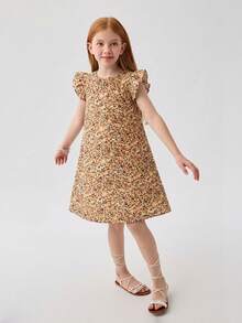 SHEIN Tween Girls' Elegant Yellow Summer Cute Tea Party Dress,Floral Print Round Neck A-Line Ruffle Cap Sleeve Casual Straight Dresses For Teen Girls - Khaki - View 4