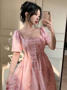 DAZY 法式碎花连衣裙，浪漫复古风夏季吊带裙 - 粉色 - 查看 4