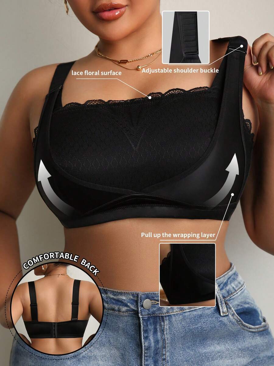 DesireSculpt 1 chiếc áo ngực cỡ lớn phối ren, chất liệu vải bóng, dây đeo điều chỉnh được. - màu đen - Xem 1