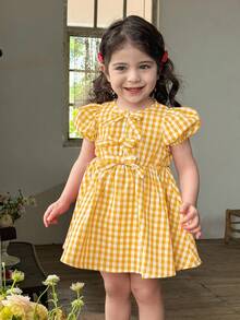 LMoss Kids 女婴格子圆领花瓣袖修身休闲连衣裙 - 黃色 - 查看 3