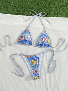 Swim Vcay 2pcs/Set New Random Print Halter Sexy Elegant Vacation Bikini Set, Suitable For Beach, Pool, Party - Multicolor - View 5