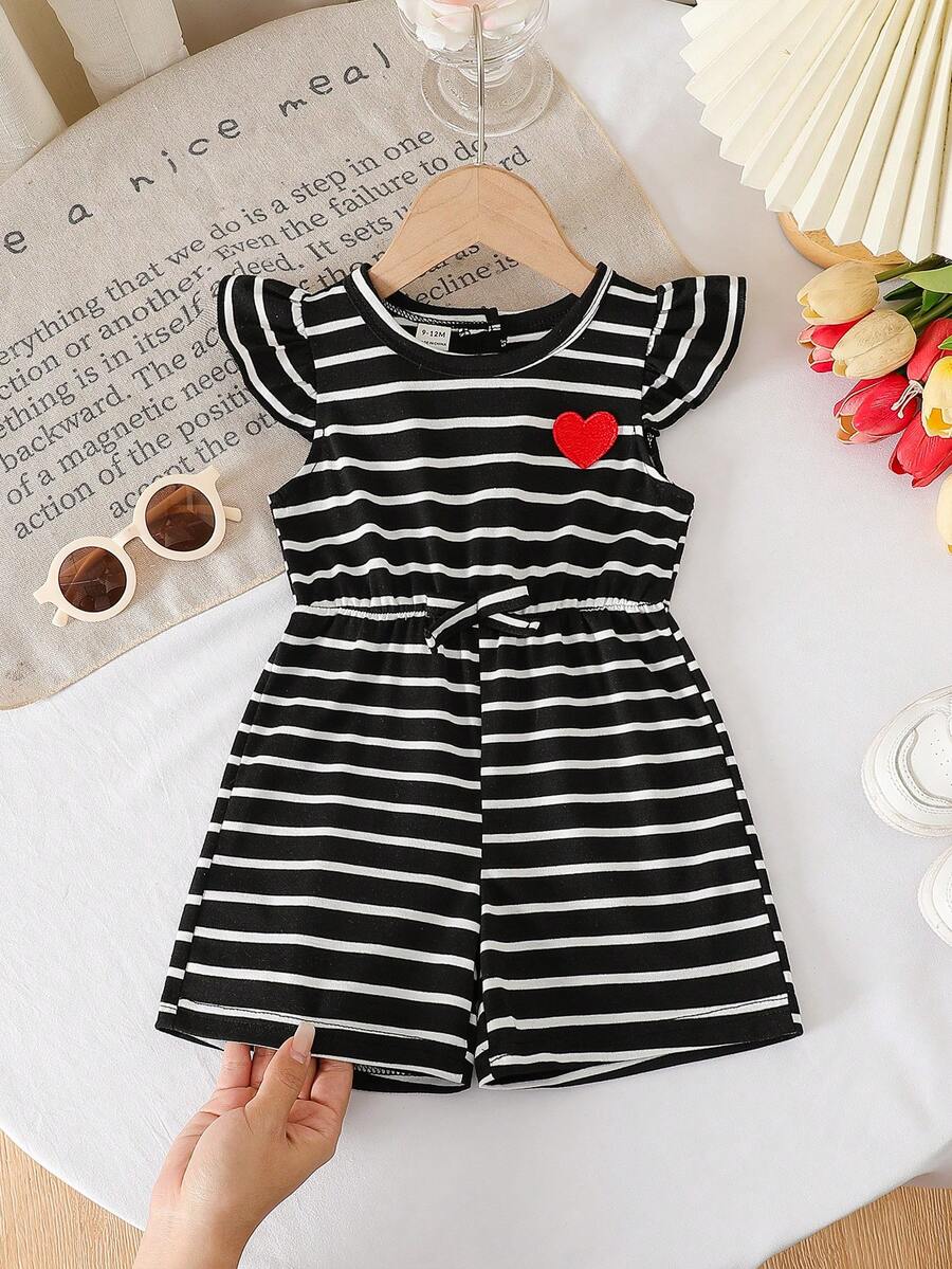 SHEIN Playful Pals Romper Bayi Perempuan Kasual Motif Garis-Garis dan Hati, Musim Semi/Panas - Hitam - View 1