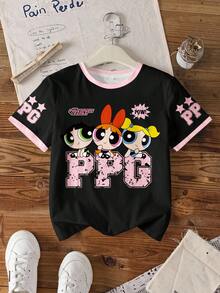THE POWERPUFF GIRLS X SHEIN 女童（小号）极简印花圆领短袖T恤 - 白色 - 查看 7