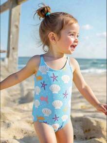 SHEIN 女婴沙滩连体泳衣，可爱蓝色海洋生物和贝壳印花，针织面料，时尚优雅，适合游泳、夏季度假、海滩、泳池、假日派对等场合。 - 彩色 - 查看 3