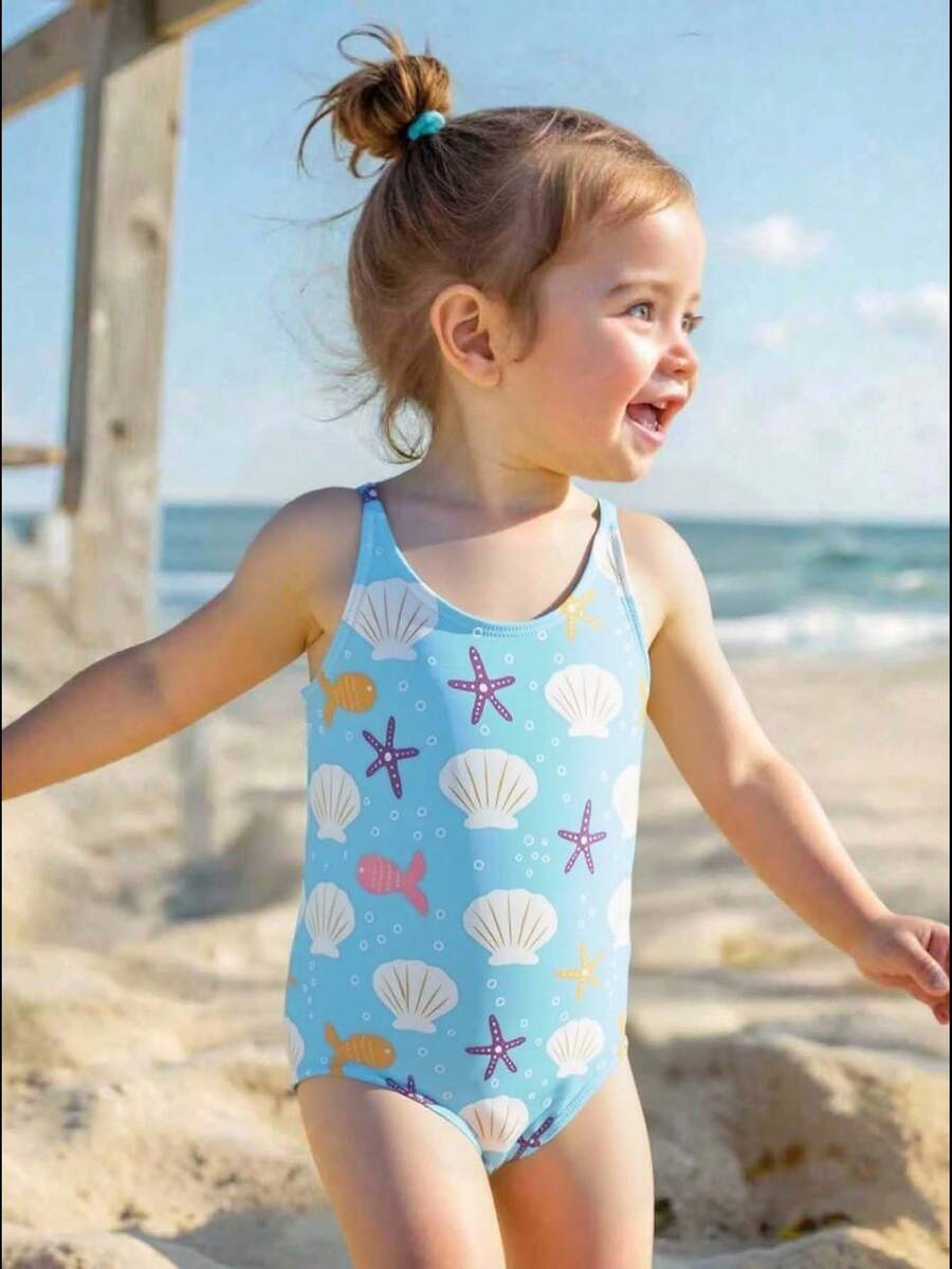SHEIN 女婴沙滩连体泳衣，可爱蓝色海洋生物和贝壳印花，针织面料，时尚优雅，适合游泳、夏季度假、海滩、泳池、假日派对等场合。 - 彩色 - 查看 1