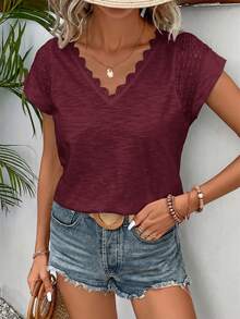 SHEIN Frenchy Casual Solid Color Lace Patchwork V-Neck Short Sleeve T-Shirt,Summer Top - Burgundy - View 5