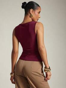 Hauture Women's Basic Casual Office Ruched Shoulder With Gold Decor Cowl Neck Top - Red Violet - View 2