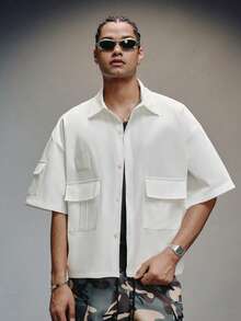 PAVTROS Men's Loose Fit White Utility Short Sleeve Shirt With Multiple Pockets - White - View 3