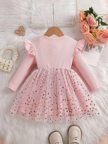 Souflis Souflis Cute Baby Girls Pink Round Neck Long Sleeve Geometric Star Short Dress With Ruffle Details And Bow - Pink - View 2