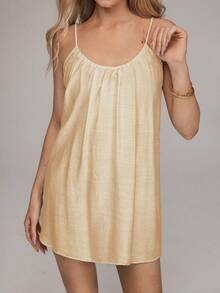 HautHeat Women's Solid Color Pleated Casual Everyday Sleepwear Slip Dress - Yellow - View 5