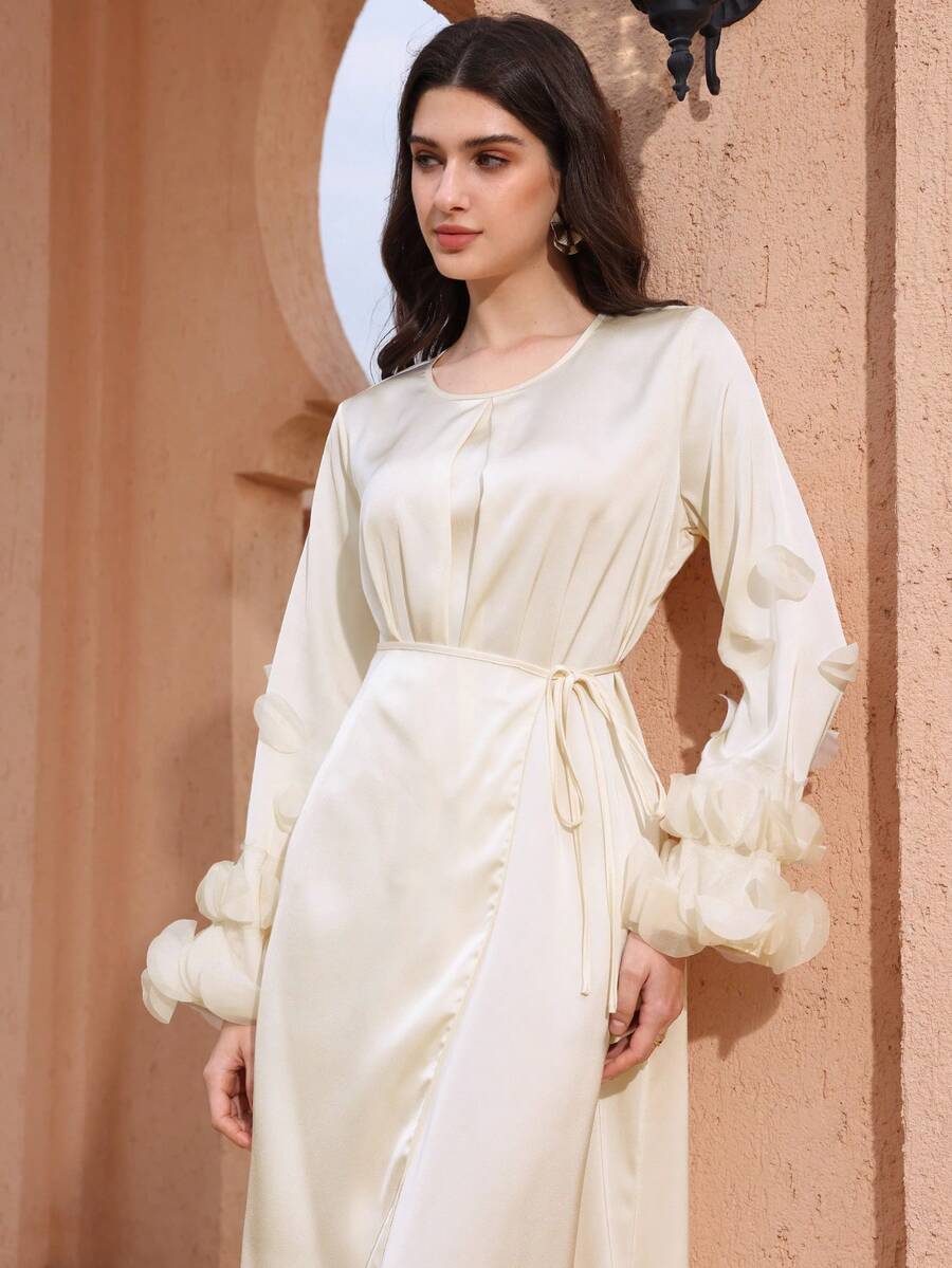 Graceveil 女士缎面长袖圆领荷叶边袖系带不对称下摆连衣裙 - 杏色 - 查看 1