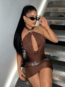 SHEIN SXY Women's Sexy & Elegant Brown Draped Neck Backless Fitted Bodycon Dress With Belt, Summer,Carnival,Party,Rave Outfit ,Summer, Spring,Going Out,Y2K, Brown Dress Women, Chocolate Brown Dress, Sexy Brown Dress, Brown Halter Dress, Coffee Brown Dress Brown Short Dress Brown Mini Dress Sexy Club Outfit - Brown - View 7